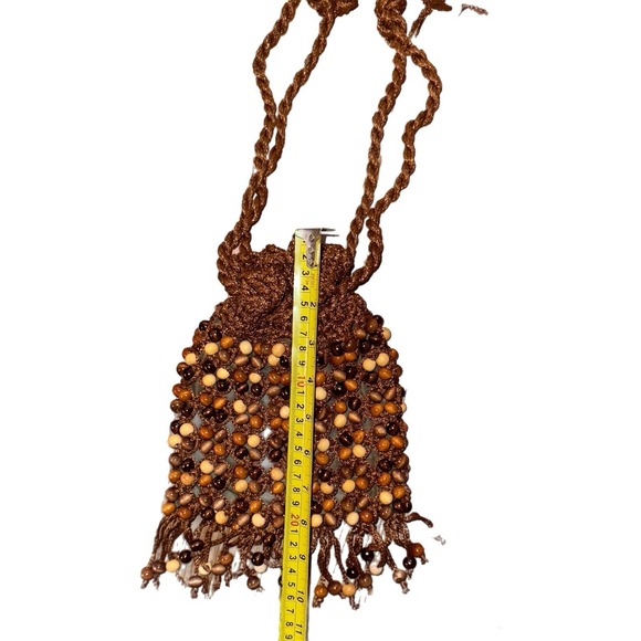 Vintage Beaded WALBORG Brown Wood Bead Women Purse Bag Fringe Handmade In Japan - Picture 11 of 12